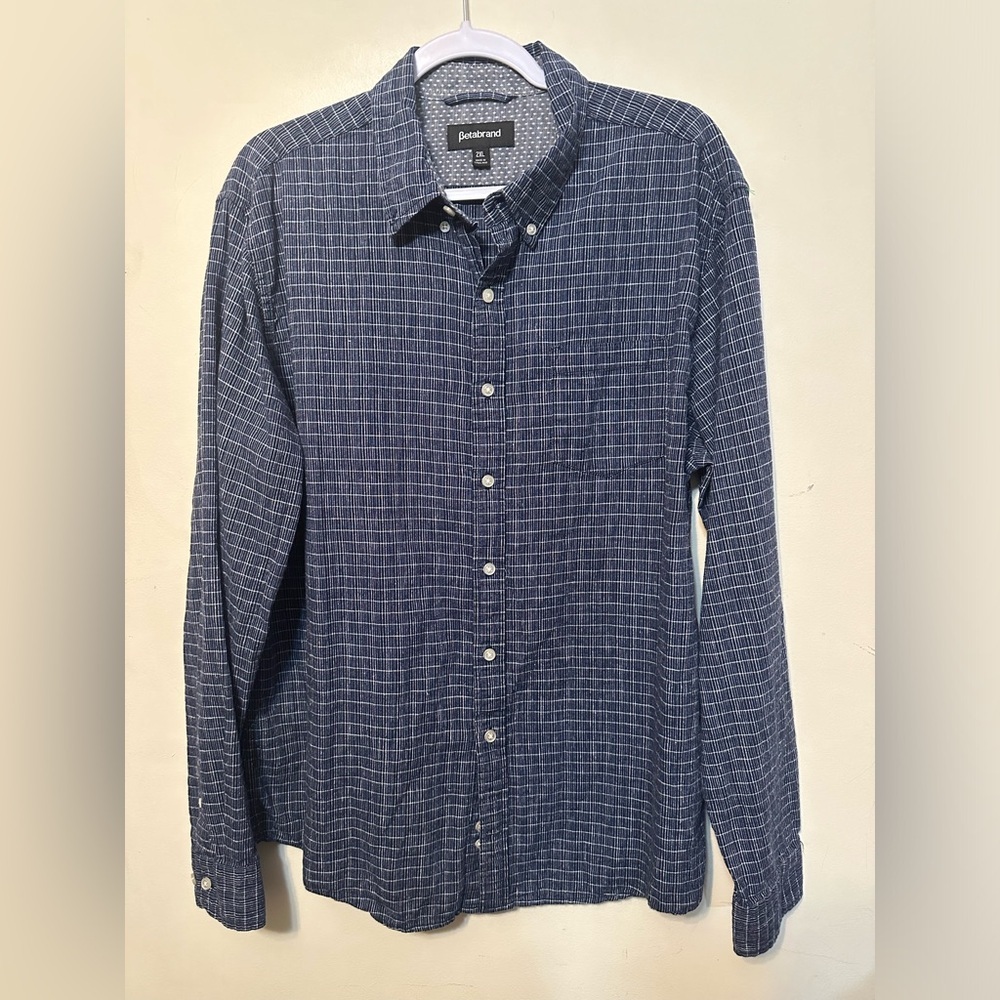 Betabrand Shirt ‎ Blue Plaid Hemp Organic Cotton Button Down Long Sleeve XXL